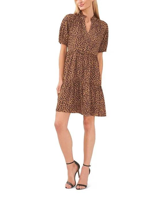 Women's Leopard-Print Babydoll Puff-Sleeve Tiered Dress