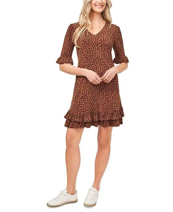 Women's Leopard-Print Elbow Sleeve Ruffled Dress