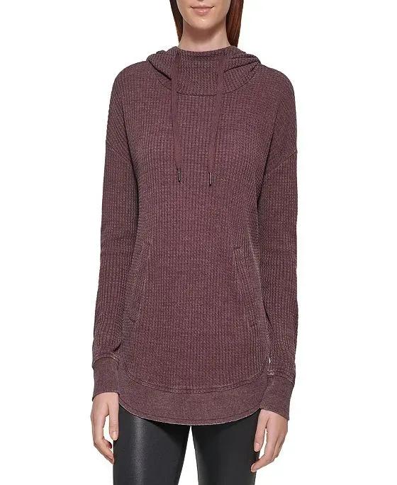 Women's Light Weight Waffle Pullover with Attached Hoodie Top