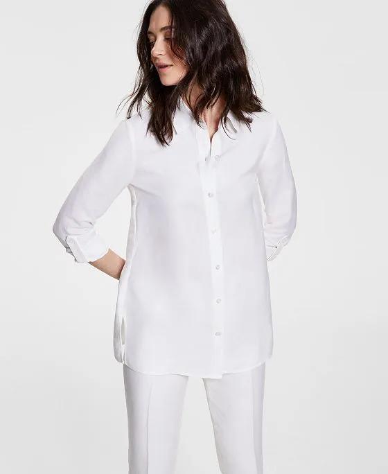 Women's Linen-Blend Roll-Tab-Sleeve Tunic Shirt