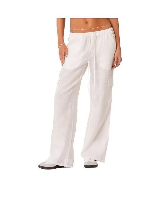 Women's Linen Low Rise Cargo Pants