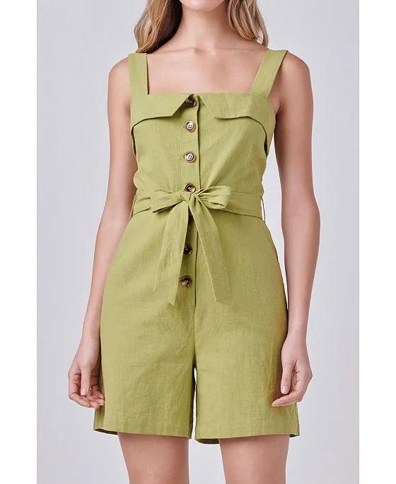 Women's Linen Romper with Self Tie and Buttons