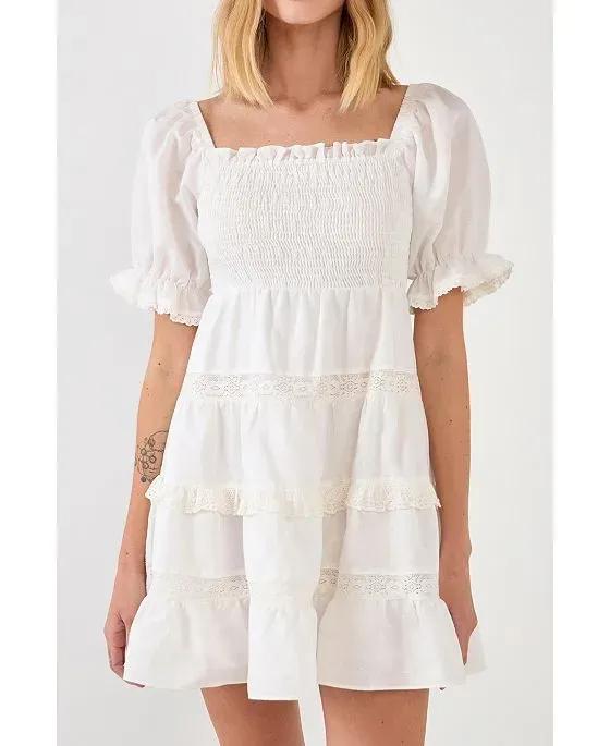 Women's Linen Smocked Mini Dress with Lace