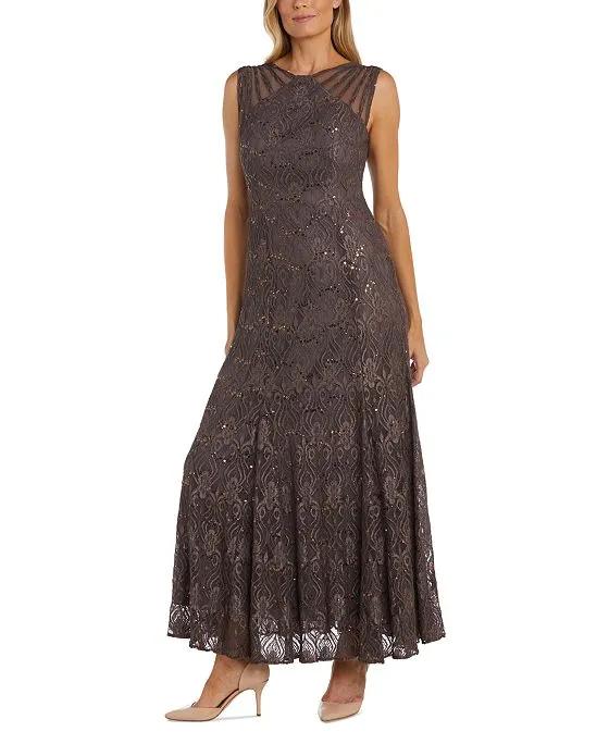 Women's Long Embellished Illusion-Detail Lace Gown