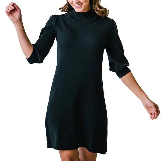 Women's Long Puff Sleeve Mock Neck Sweater Dress