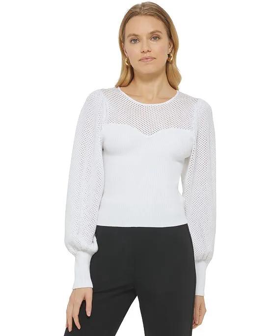 Women's Long-Puff-Sleeve Scoop-Neck Sheer-Detail Sweater