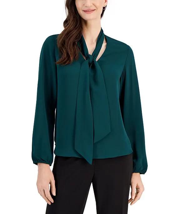 Women's Long Sleeve Bow Blouse, Regular and Petite Sizes