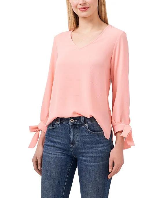 Women's Long Sleeve Bow Tie-Cuff V-Neck Blouse