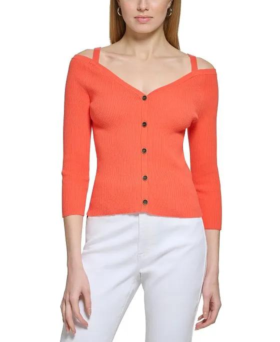 Women's Long-Sleeve Button-Front Cold-Shoulder Sweater