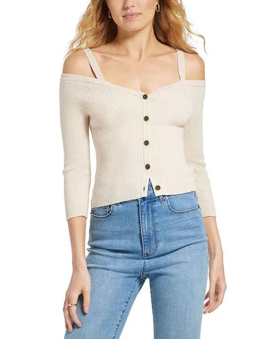 Women's Long-Sleeve Button-Front Cold-Shoulder Sweater