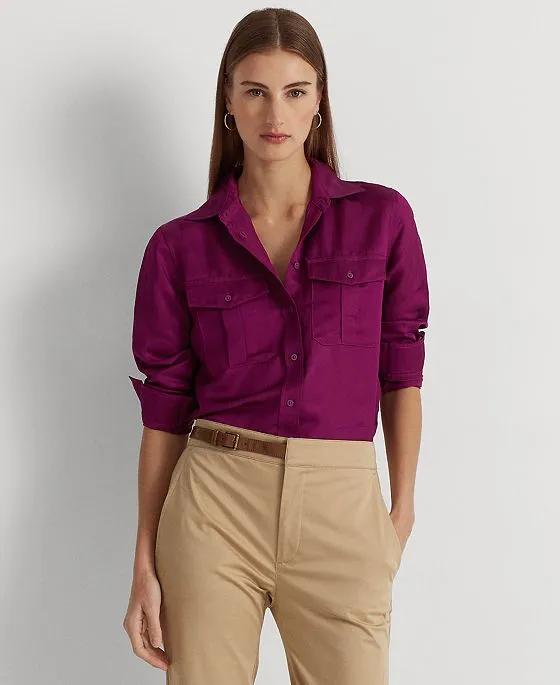 Women's Long Sleeve Buttoned Satin Shirt 