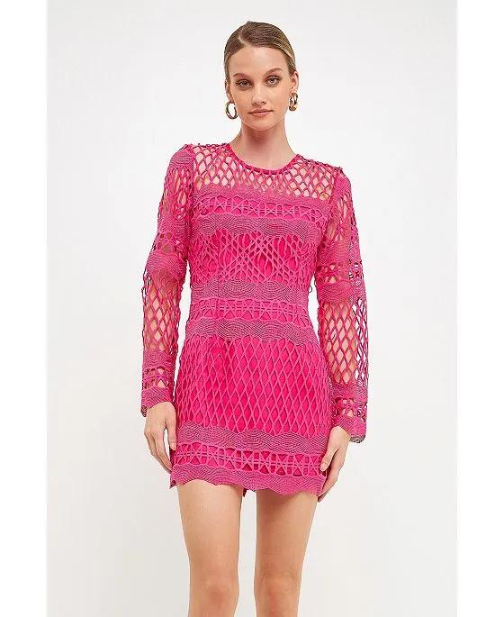 Women's Long Sleeve Crochet Mini Dress