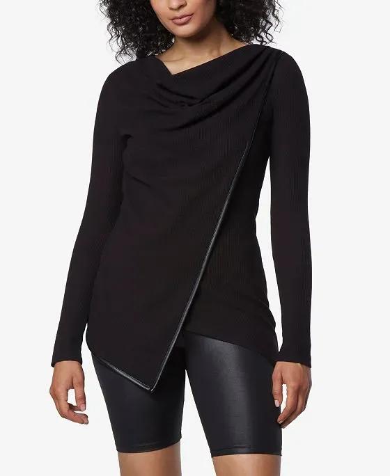 Women's Long Sleeve Draped Tunic with Faux Leather Trim Top