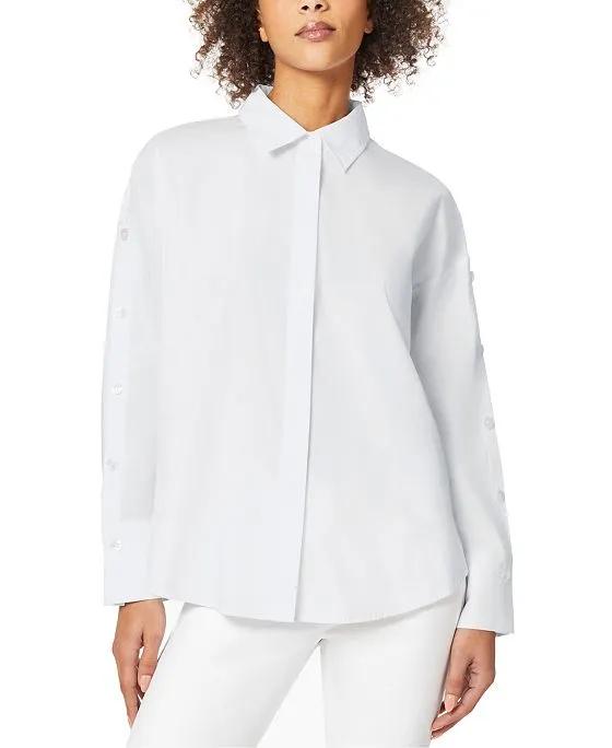 Women's Long Sleeve Drop Shoulder Shirt with Sleeve Button Detail