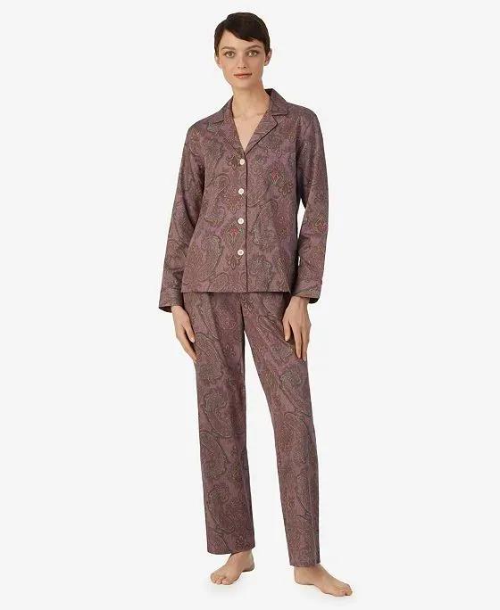 Women's Long Sleeve Notch Collar Long Pants 2 Piece Pajama Set