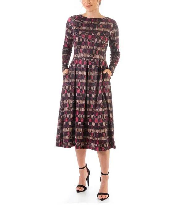 Women's Long Sleeve Pleated Pocket Midi Dress