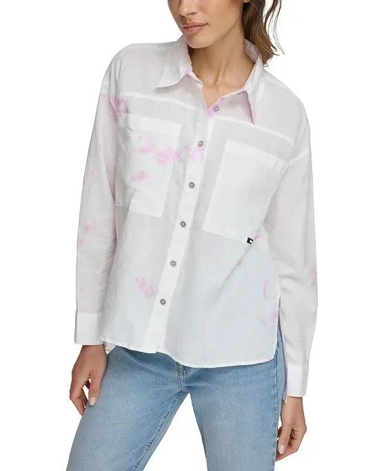 Women's Long-Sleeve Printed Roll-Tab Button-Up Shirt