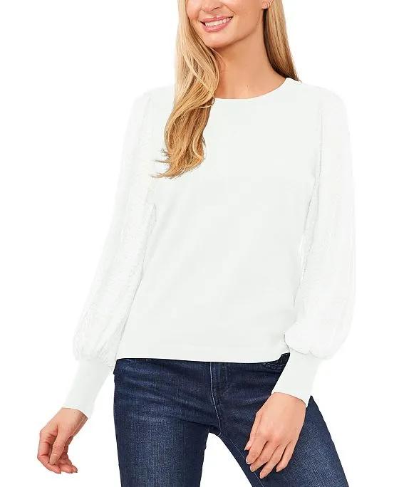 Women's Long Sleeve Sheer-Sleeve Cotton Sweater Top
