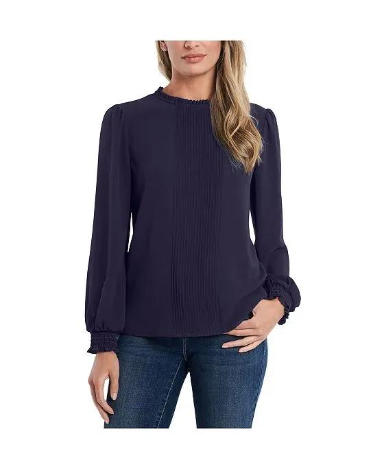 Women's Long Sleeve Smocked Cuff Pin-Tuck Front Blouse