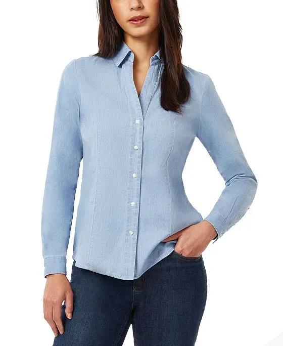 Women's Long Sleeve Y-Neck Button Down Blouse