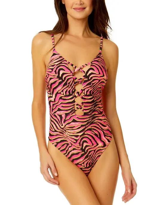 Women's Mane Event Printed Lattice-Front One-Piece Swimsuit, Created for Macy's