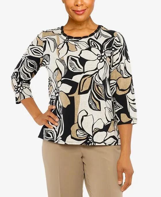 Women's Marrakech Abstract Floral Embroidered Twist Crew Neck Top