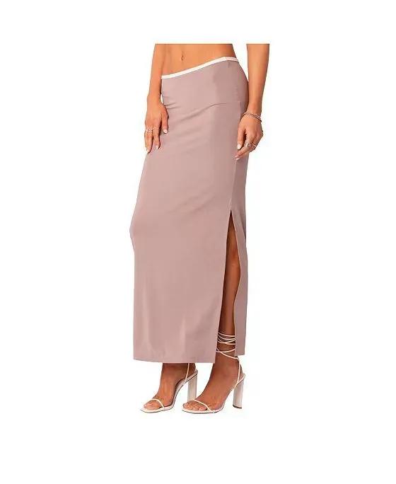 Women's Maxi Skirt With Slit & Contrast Binding At The Waist