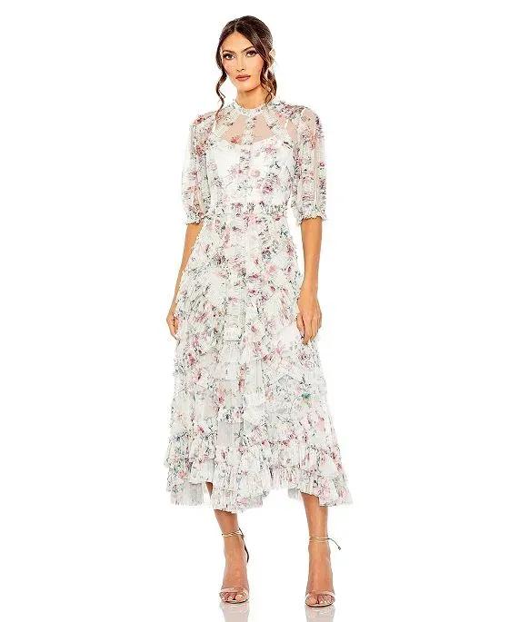 Women's Mesh Puff Sleeve Floral Print Dress