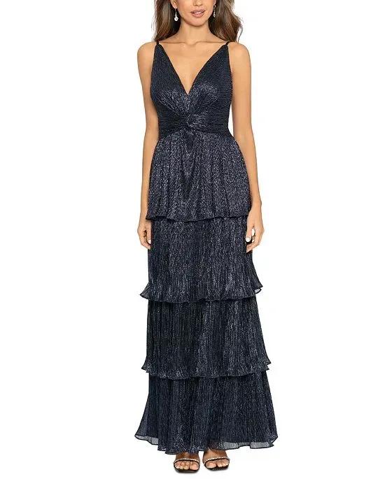 Women's Metallic Crinkled Tiered Gown