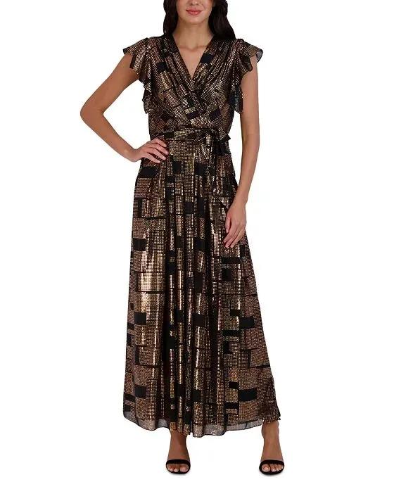 Women's Metallic Flutter-Sleeve Maxi Dress