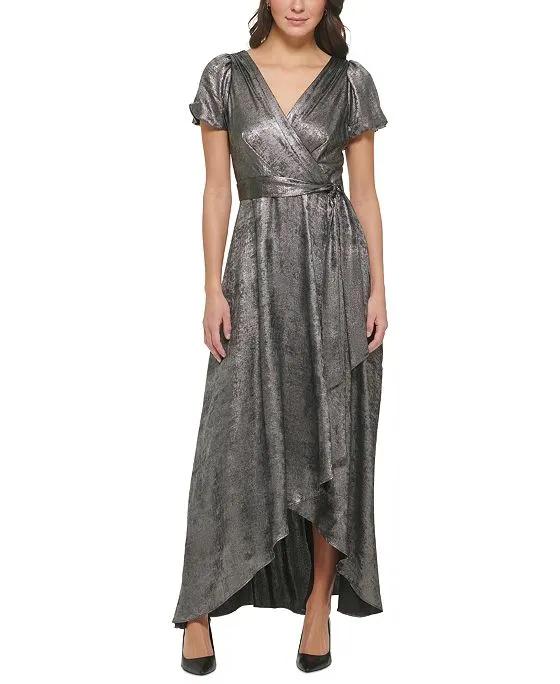 Women's Metallic Foiled Wrap-Front Gown