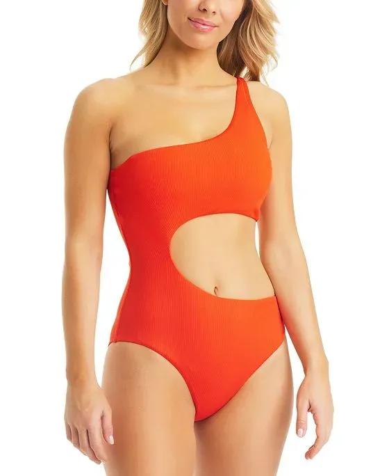 Women's Micro Ribbed Asymmetrical Cutout One-Piece Swimsuit, Created for Macy's