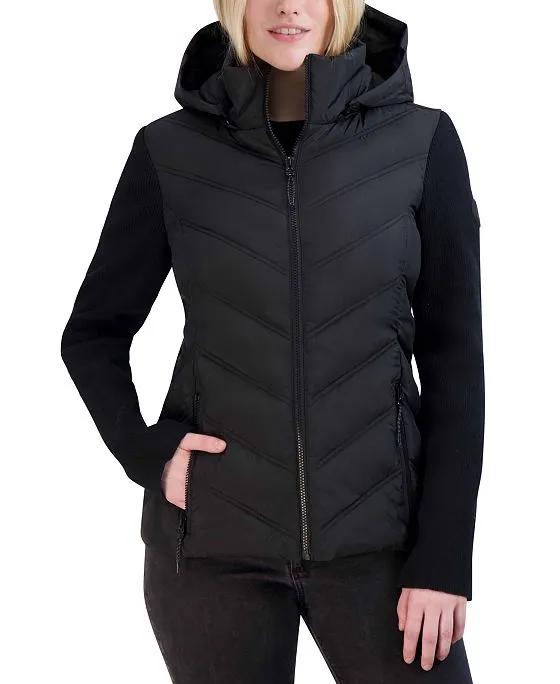 Women's Mix-Knit-Sleeve Hooded Packable Puffer Coat