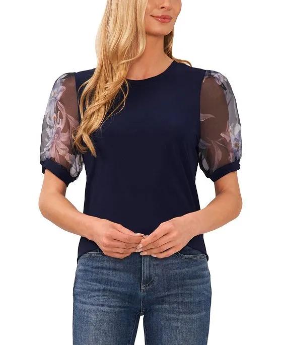 Women's Mixed Media Floral Organza Sleeve Blouse