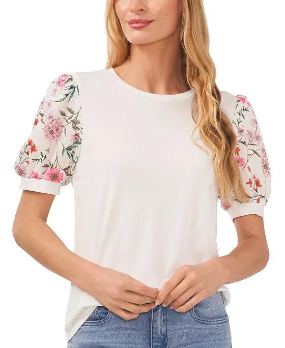 Women's Mixed-Media Floral Puff-Sleeve Knit Top