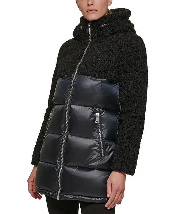 Women's Mixed-Media Hooded Puffer Coat
