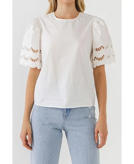Women's Mixed Media Lace Trim Knit Top