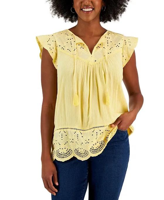 Women's Mixed-Media Lace-Trimmed Top, Created for Macy's