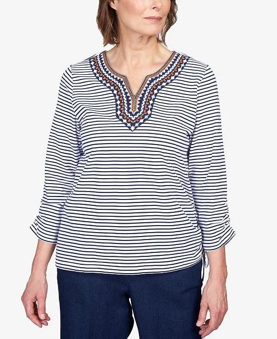 Women's Moody Blues Embroidered Split Neck Drawstring Striped Top