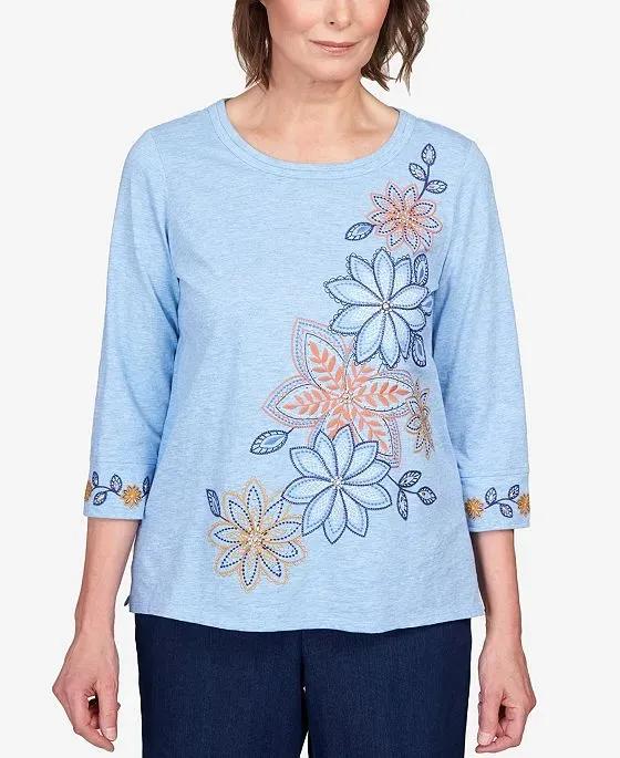 Women's Moody Blues Floral Embroidery Flutter Sleeve Top