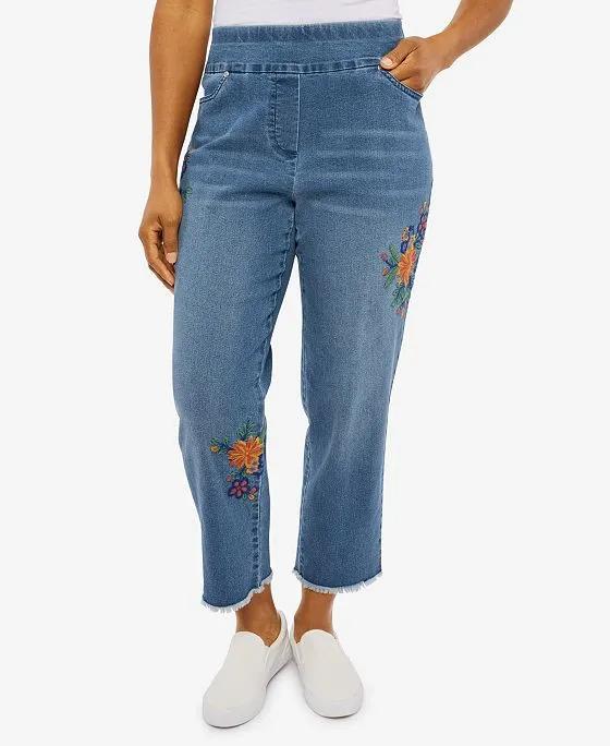 Women's Moody Blues Flower Embroidered Ankle Length Denim Pants