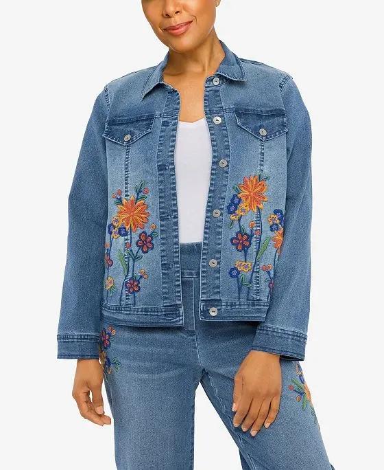 Women's Moody Blues Flower Embroidered Denim Jacket