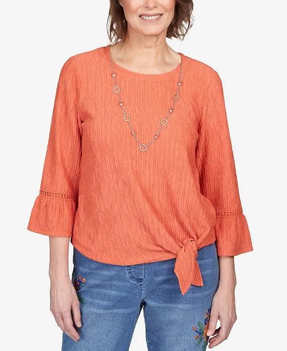 Women's Moody Blues Gauze Tie Front Bell Sleeve Top with Necklace