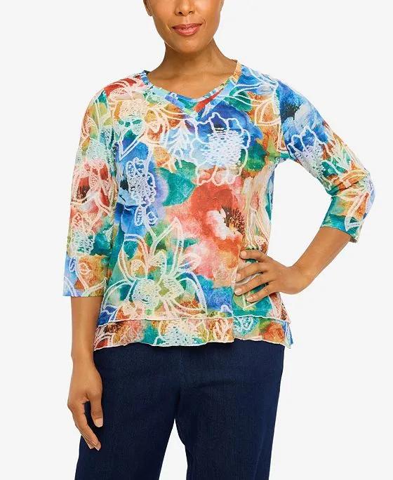 Women's Moody Blues Watercolor Floral V-neck Top