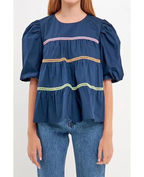 Women's Multi Color Trim Inserted Puff Sleeve Top
