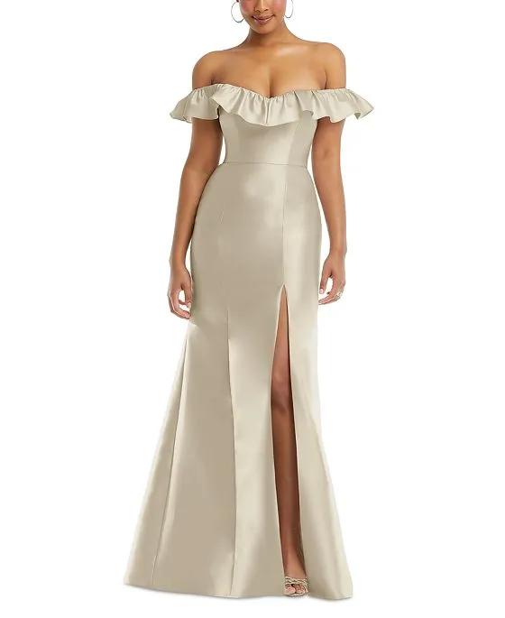Women's Off-The-Shoulder Ruffled High-Slit Gown