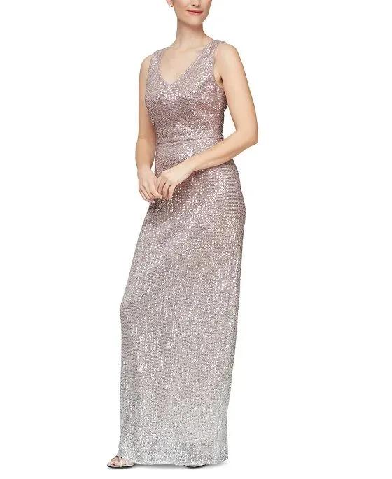Women's Ombre Sequined V-Neck Gown