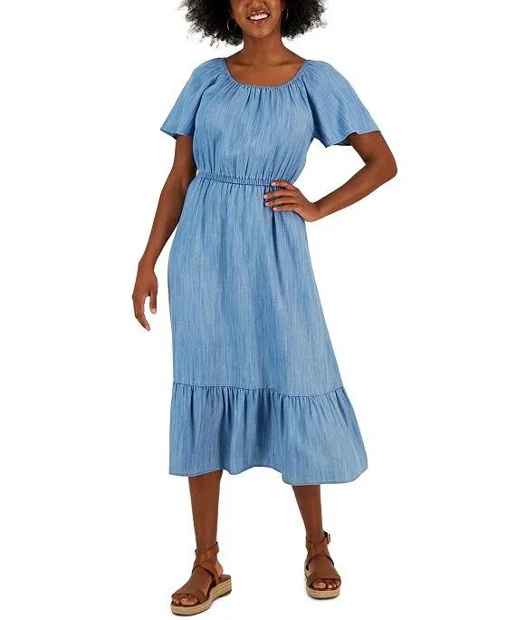 Women's On Off-The-Shoulder Chambray Midi Dress, Created for Macy's