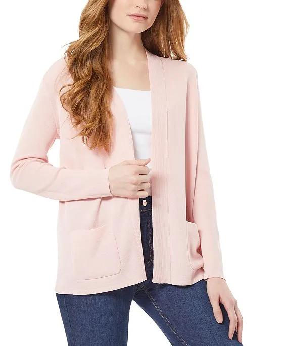 Women's Open Front Cardigan with Ribbed Placket and Patch Pockets