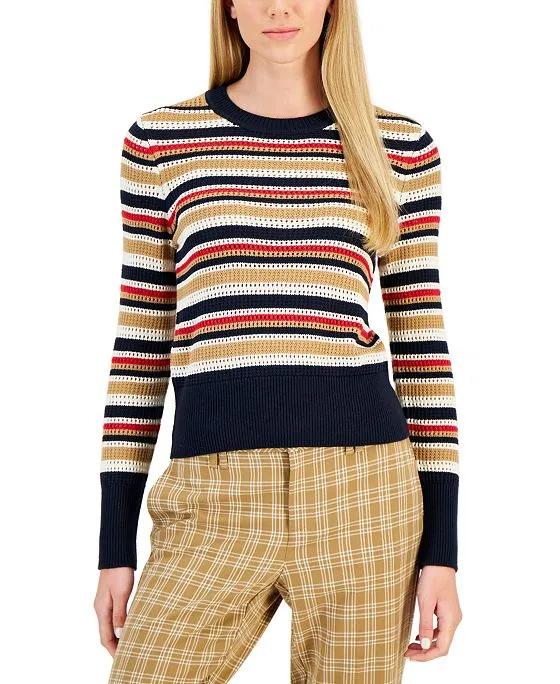 Women's Open-Stitch Striped Long-Sleeve Sweater